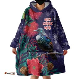 Tui Meri Kirihimete Personalised Wearable Blanket Hoodie Pohutukawa Flowers Blue Motif LT9
