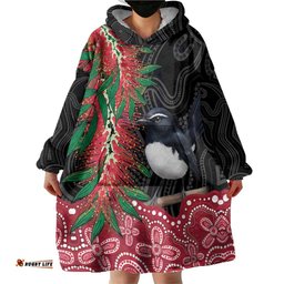 Willie wagtail Australia Wearable Blanket Hoodie Aussie Bottlebrushes Aboriginal Art LT14
