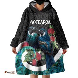 Personalised Valentine's Day New Zealand Wearable Blanket Hoodie Tui Bird Couple Kowhaiwhai Mix Pohutukawa LT14