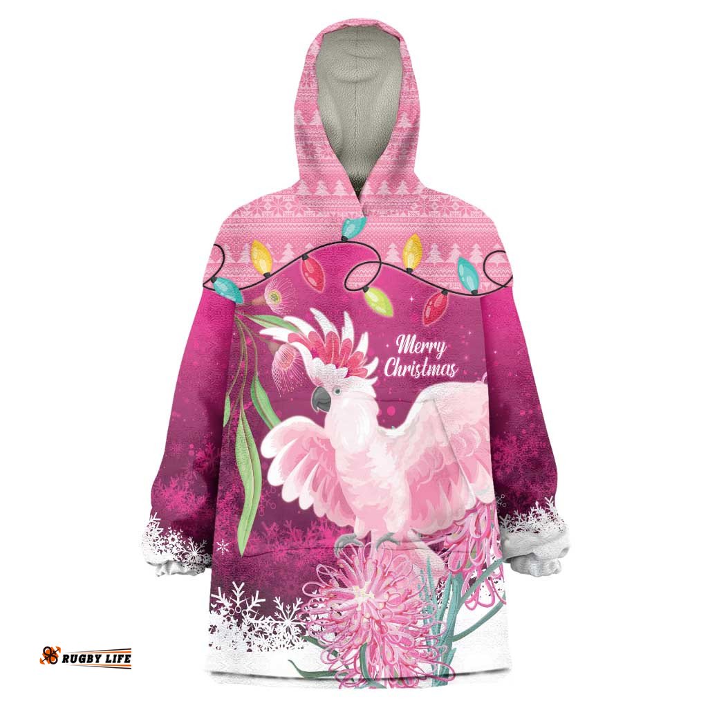 Pink Cockatoo Australia Christmas Wearable Blanket Hoodie Grevillea Eucalyptus Blossoms LT14