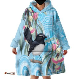 Willie wagtail Australia Wearable Blanket Hoodie Eucalyptus Blossoms Aboriginal Art LT14