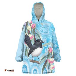 Willie wagtail Australia Wearable Blanket Hoodie Eucalyptus Blossoms Aboriginal Art LT14