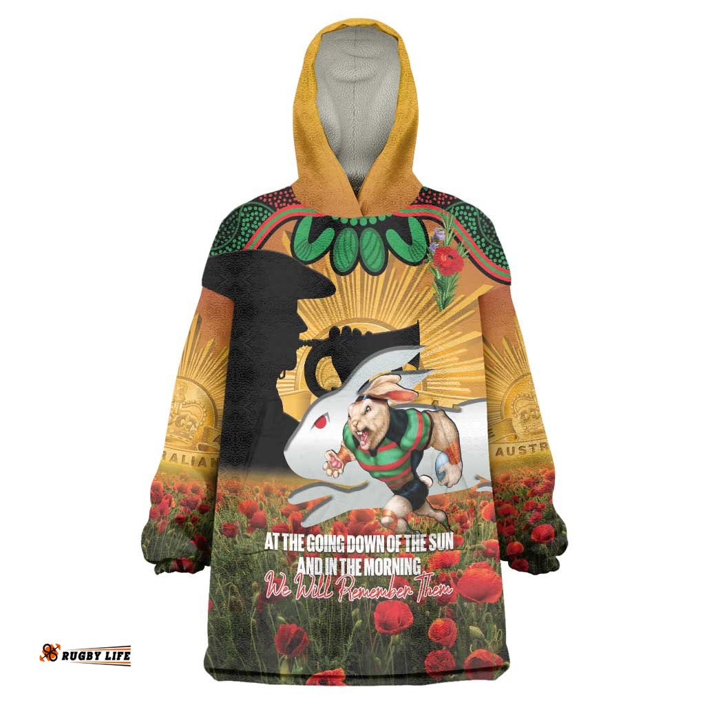 Personalised Rabbitohs Rugby ANZAC Day Wearable Blanket Hoodie Last Post Poppy We Will Remember Them LT14