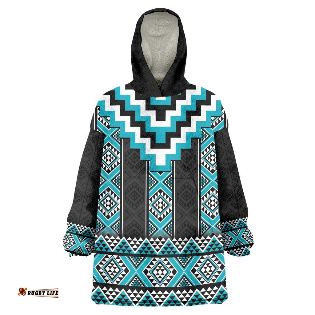 Turquoise Taniko Pattern Aotearoa Wearable Blanket Hoodie Niho Taniwha Mix Poutama LT14