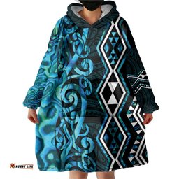Turquoise Aotearoa Wearable Blanket Hoodie Taniko Motifs With Paua Shell Kowhaiwhai LT14
