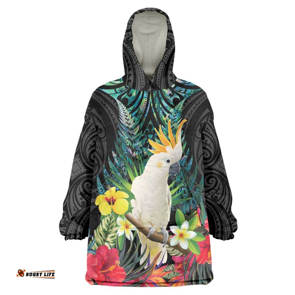 Sulphur-crested Cockatoo New Zealand Wearable Blanket Hoodie Paua Shell Aotearoa Maori Tropical Flowers LT14