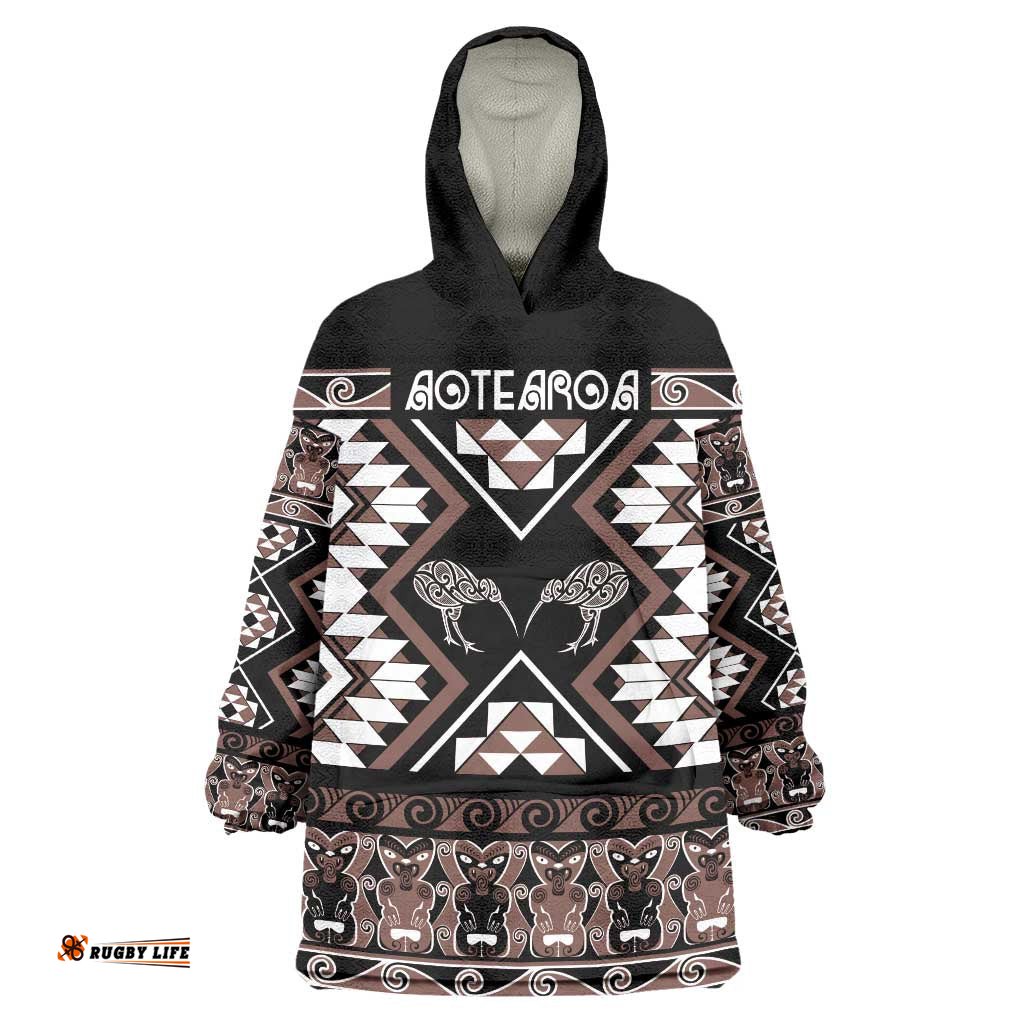 Personalised Taniko Motifs Aotearoa Wearable Blanket Hoodie Waitangi Kowhaiwhai Kiwi - Mocha LT7