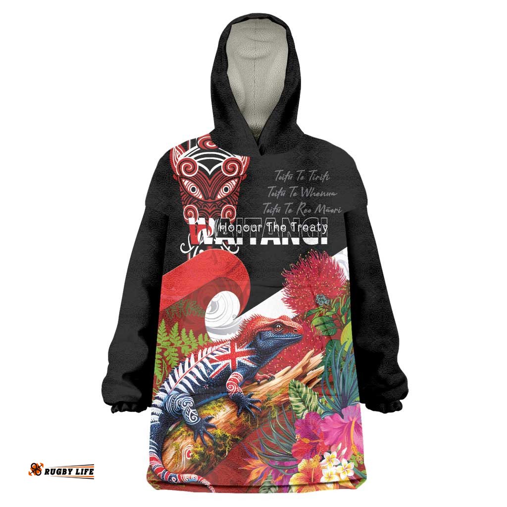 Aotearoa Toitu Te Tiriti Wearable Blanket Hoodie Waitangi-Honour The Treaty NZ Tuatara and Plants LT03