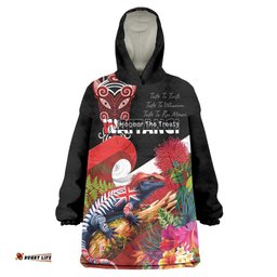 Aotearoa Toitu Te Tiriti Wearable Blanket Hoodie Waitangi-Honour The Treaty NZ Tuatara and Plants LT03