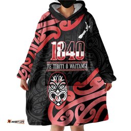 New Zealand 1840 Waitangi Day Wearable Blanket Hoodie Aotearoa Haka Mask - Red Version LT14