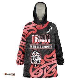 New Zealand 1840 Waitangi Day Wearable Blanket Hoodie Aotearoa Haka Mask - Red Version LT14