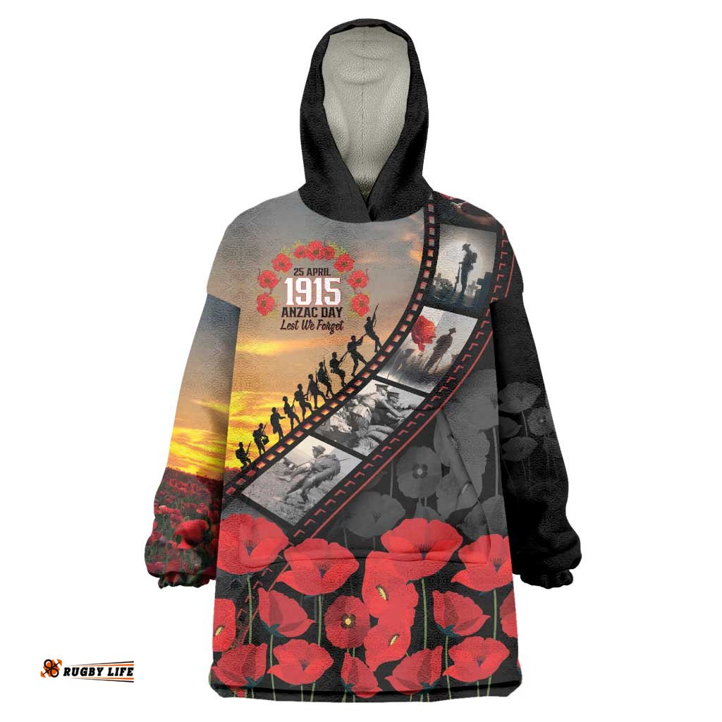 Personalised Remembering ANZAC Lest We Forget Wearable Blanket Hoodie Vintage Film Frame Memorial Red Poppy LT9