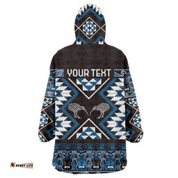 Personalised Taniko Motifs Aotearoa Wearable Blanket Hoodie Waitangi Kowhaiwhai Kiwi - Blue LT7