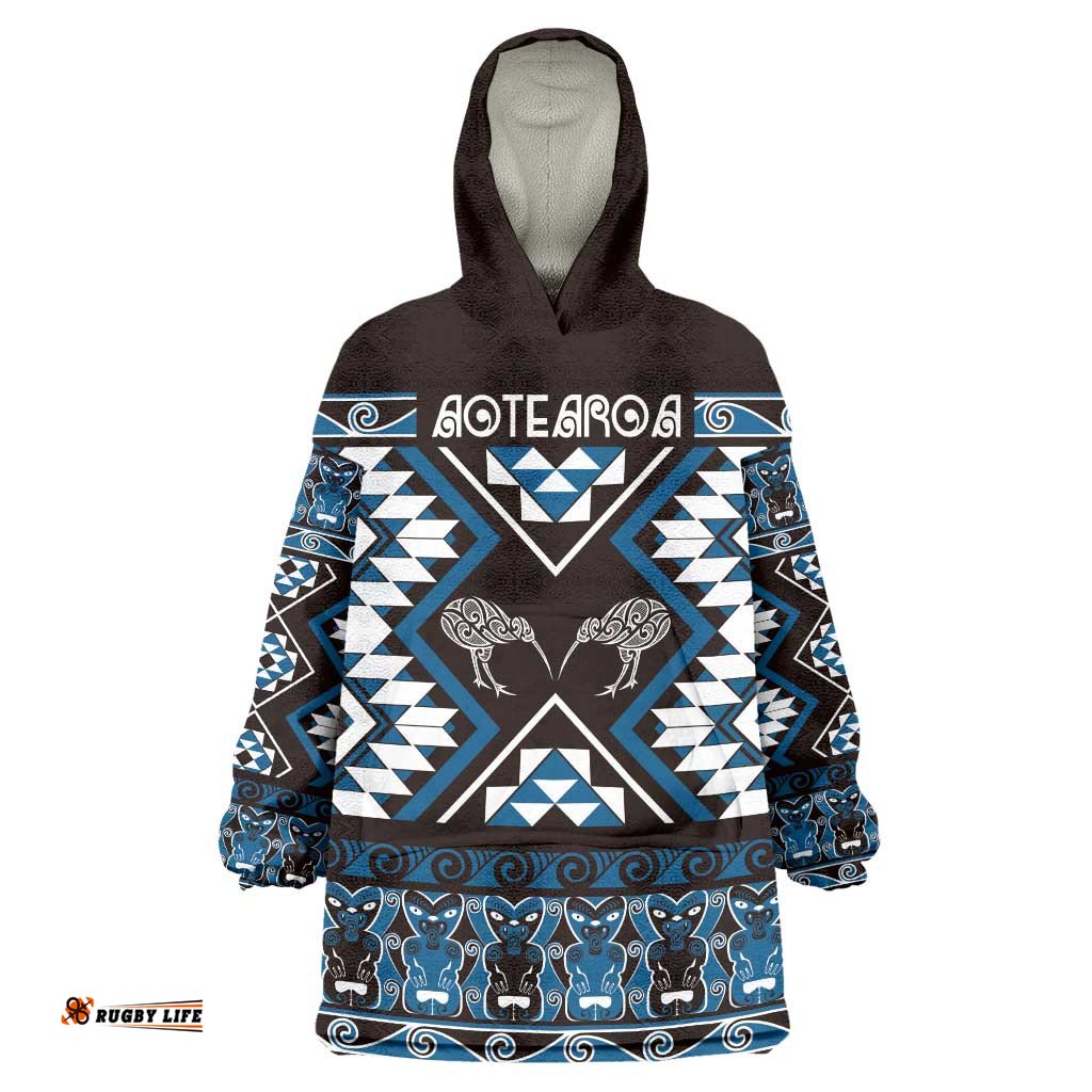 Personalised Taniko Motifs Aotearoa Wearable Blanket Hoodie Waitangi Kowhaiwhai Kiwi - Blue LT7