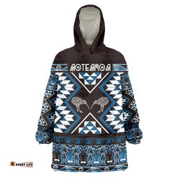 Personalised Taniko Motifs Aotearoa Wearable Blanket Hoodie Waitangi Kowhaiwhai Kiwi - Blue LT7
