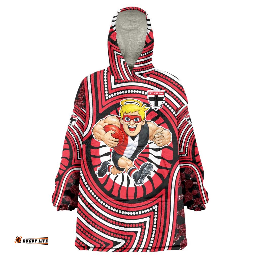 St Kilda Football Club Wearable Blanket Hoodie Indigenous Monochrome Dot Art Mascot Style TS04