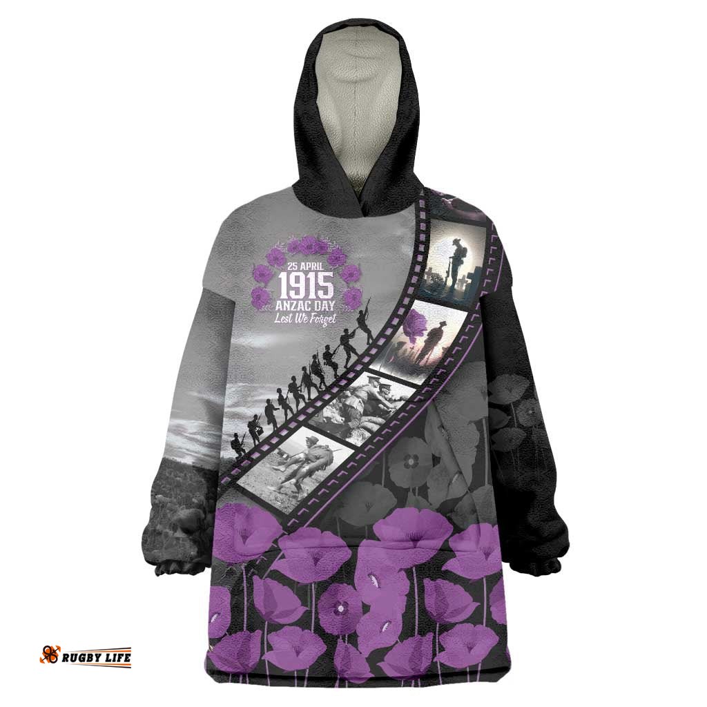 Personalised Remembering ANZAC Lest We Forget Wearable Blanket Hoodie Vintage Film Frame Memorial Purple Poppy LT9