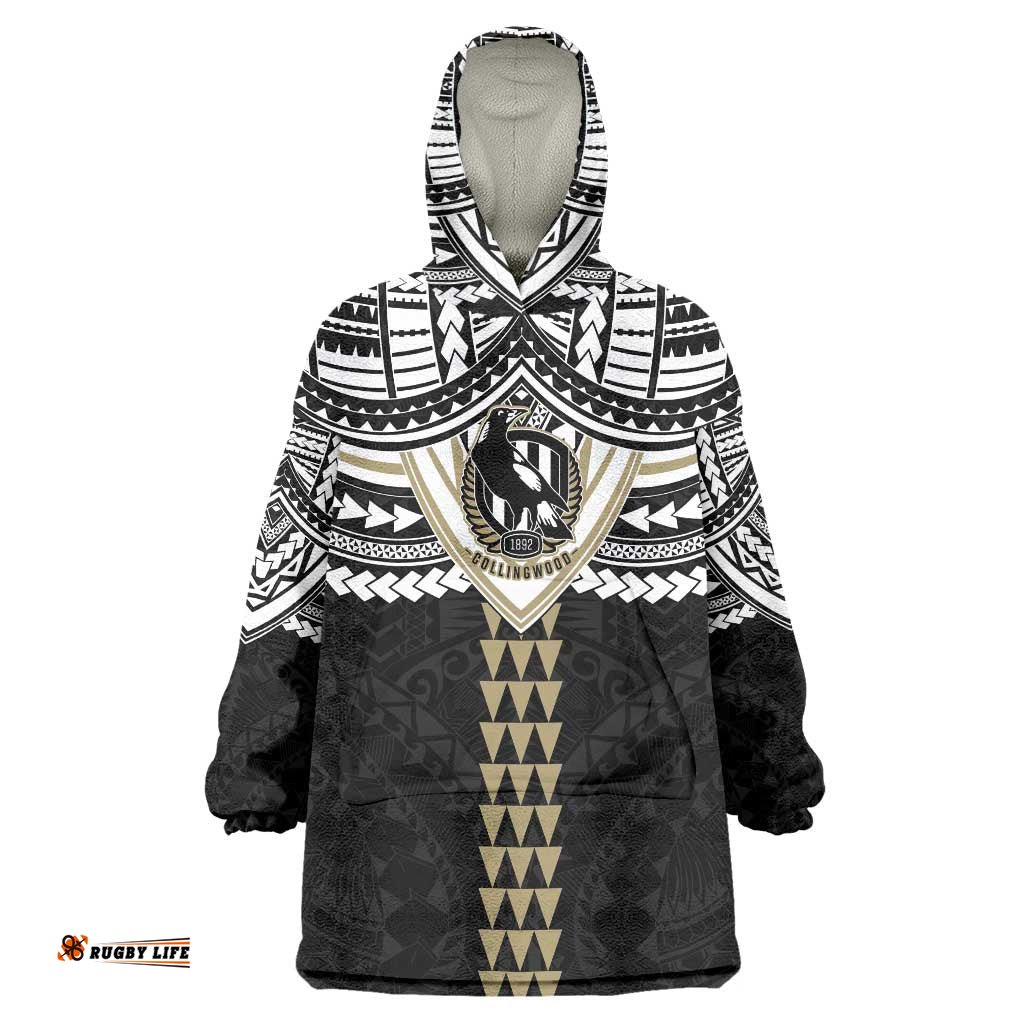 Personalized Collingwood Magpies Wearable Blanket Hoodie Polynesian Tribal Pattern Heritage Football TS04