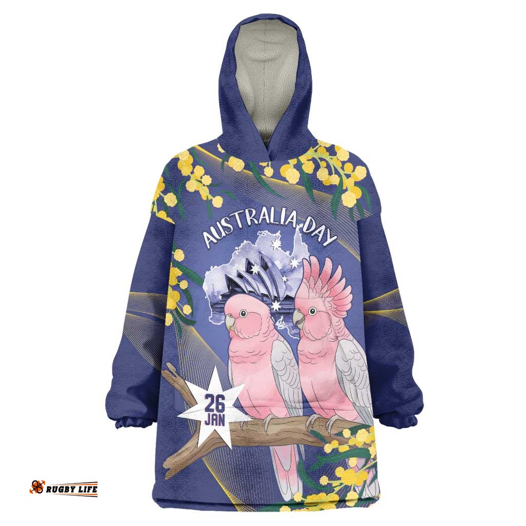 Personalised Pink Galah Australia Day Wearable Blanket Hoodie 26th January Golden Wattle Flag Color LT14
