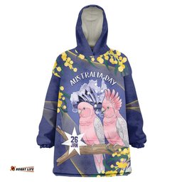 Personalised Pink Galah Australia Day Wearable Blanket Hoodie 26th January Golden Wattle Flag Color LT14