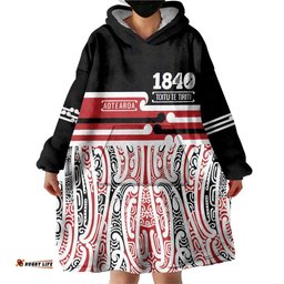 Personalised Toitu Te Tiriti Aotearoa 1840 Wearable Blanket Hoodie Red Kowhaiwhai Puhoro LT9