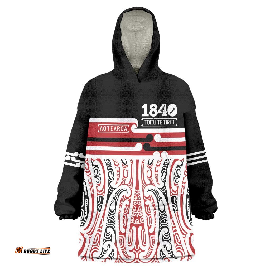 Personalised Toitu Te Tiriti Aotearoa 1840 Wearable Blanket Hoodie Red Kowhaiwhai Puhoro LT9