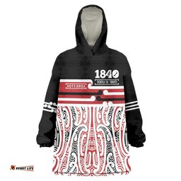 Personalised Toitu Te Tiriti Aotearoa 1840 Wearable Blanket Hoodie Red Kowhaiwhai Puhoro LT9