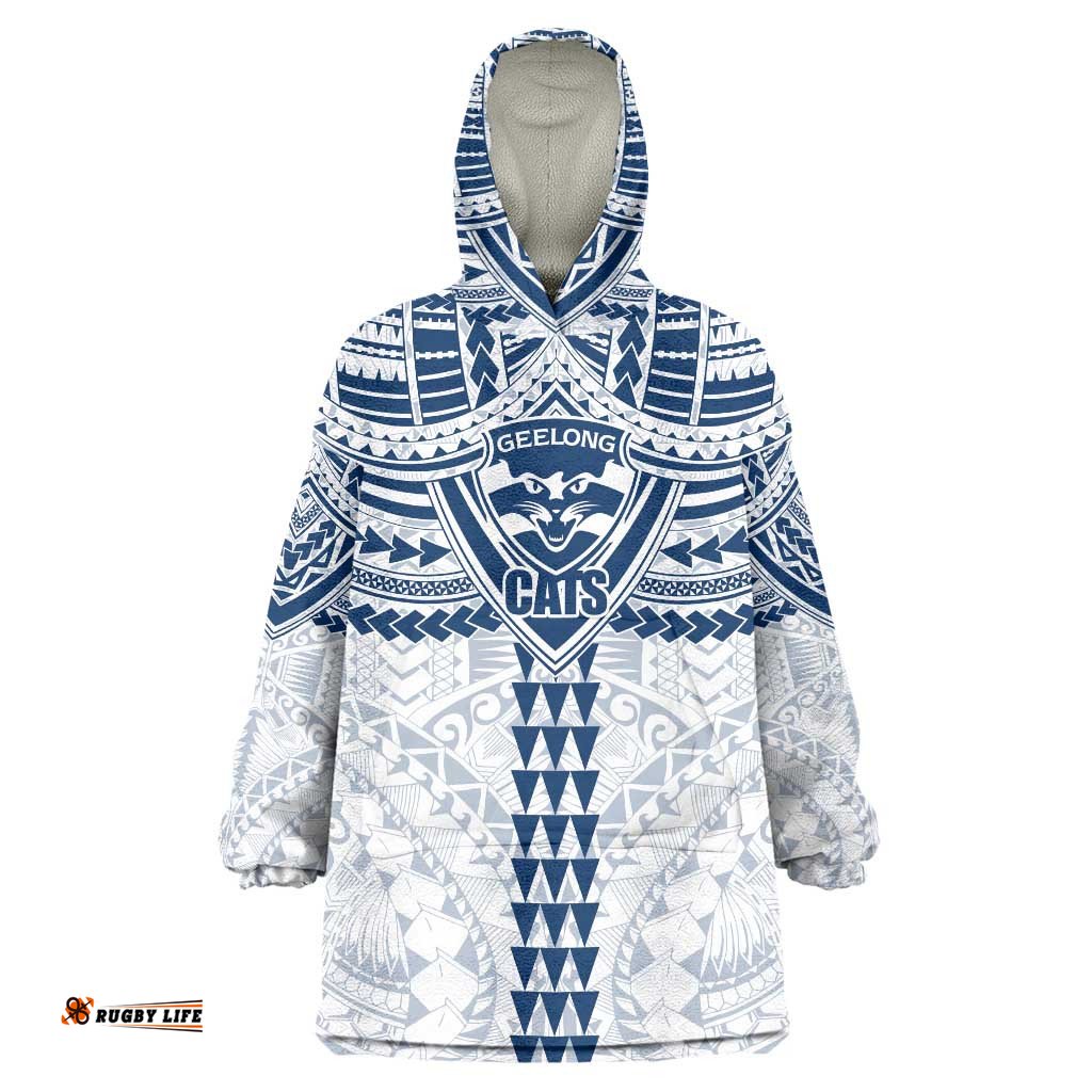 Personalized Geelong Cats Wearable Blanket Hoodie Polynesian Tribal Pattern Heritage Football TS04