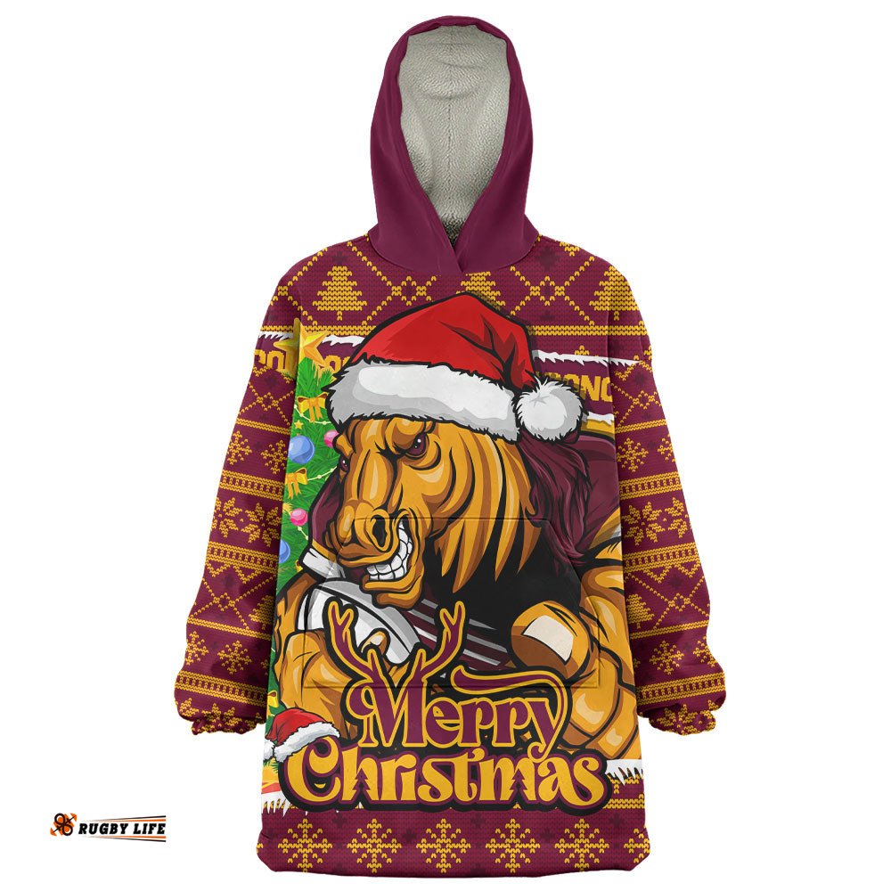 RugbyLife Brisbane Broncos Snug Hoodie Merry Christmas Game Day Knit Style Team Edition