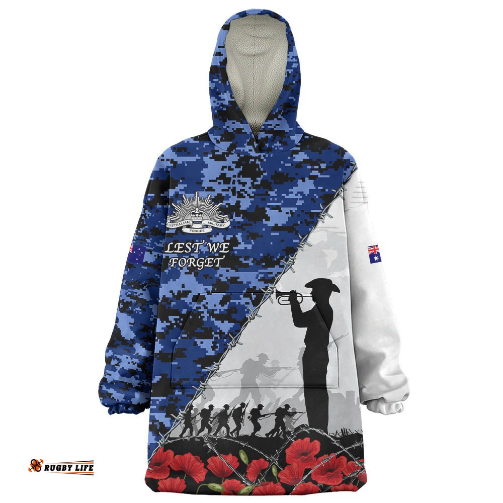 RugbyLife Australia Snug Hoodie Anzac Day Poppy And Barbed Wire Of Service Blue