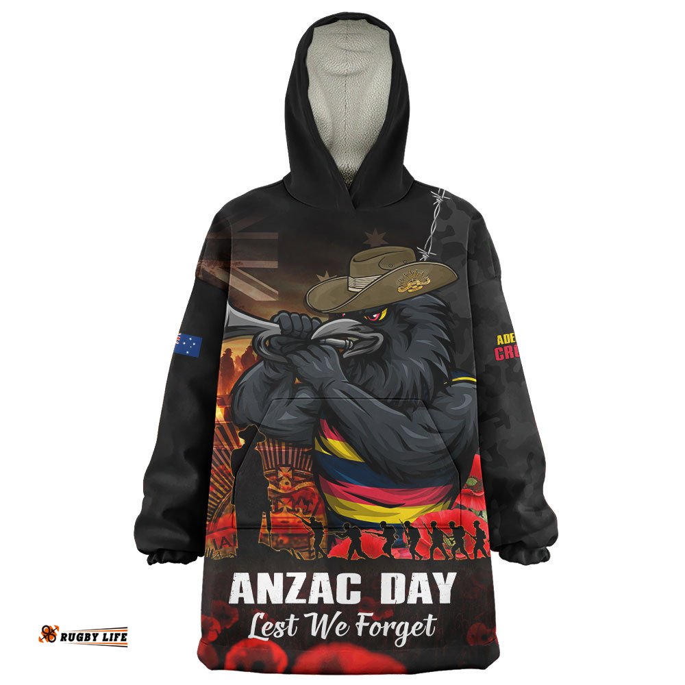 RugbyLife Adelaide Crows Snug Hoodie ANZAC Day Lest We Forget Red Poppy And Honor The Brave Tribute