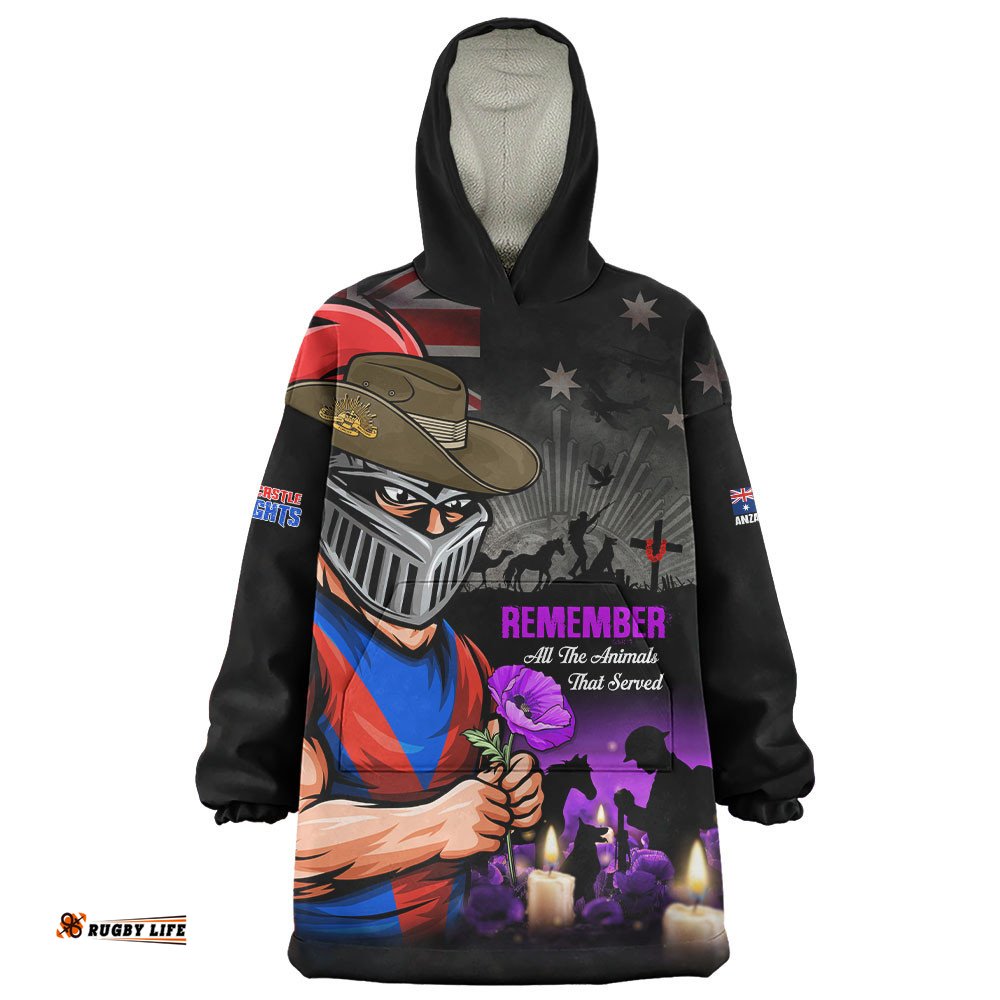 RugbyLife Newcastle Knights Snug Hoodie Anzac Day Purple Poppy And Animals That Served