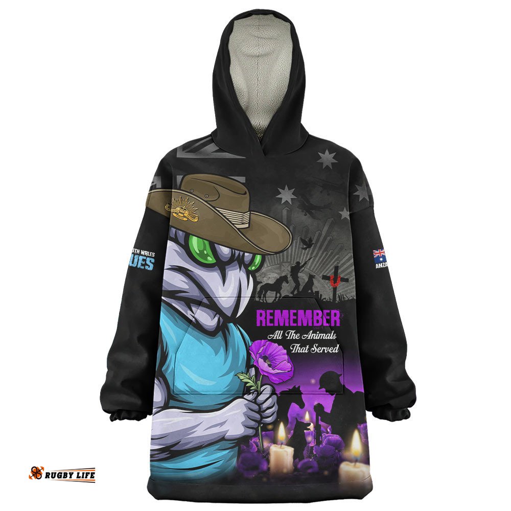 RugbyLife New South Wales Blues Snug Hoodie Anzac Day Purple Poppy And Animals That Served