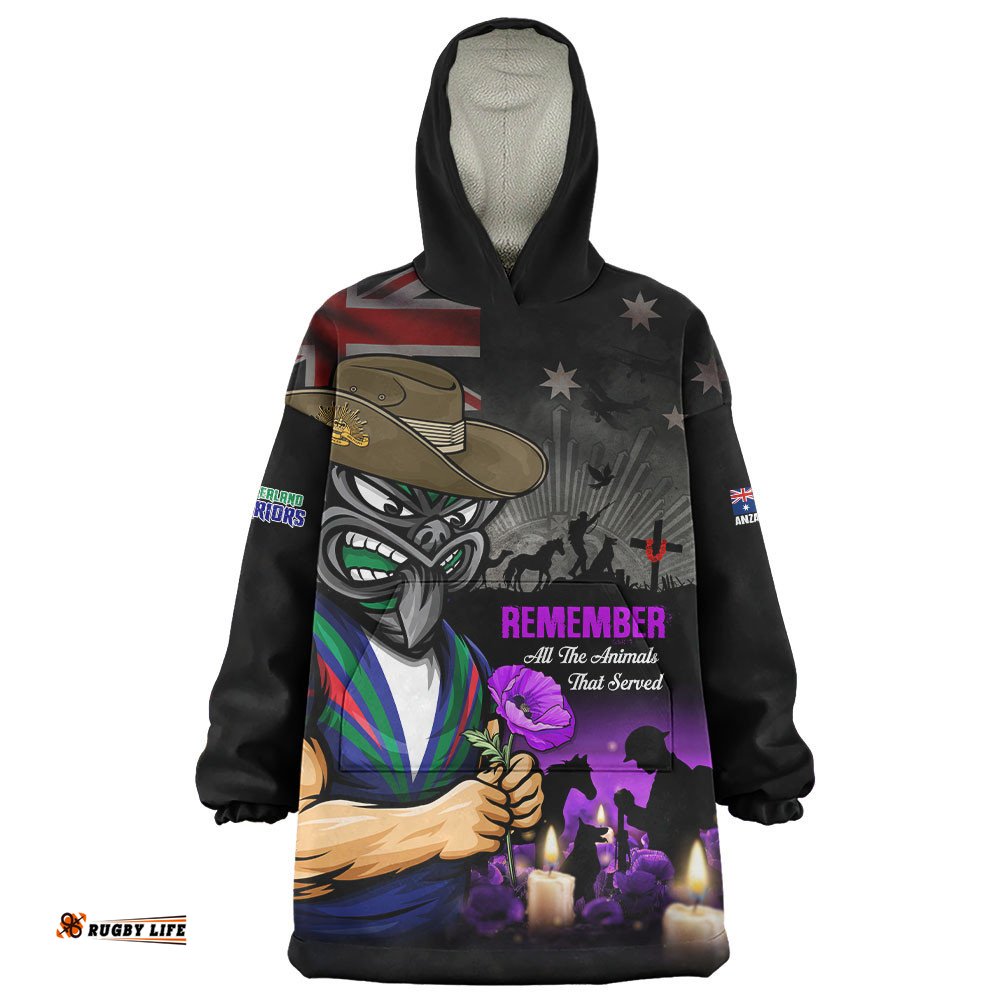 RugbyLife New Zealand Warriors Snug Hoodie Anzac Day Purple Poppy And Animals That Served