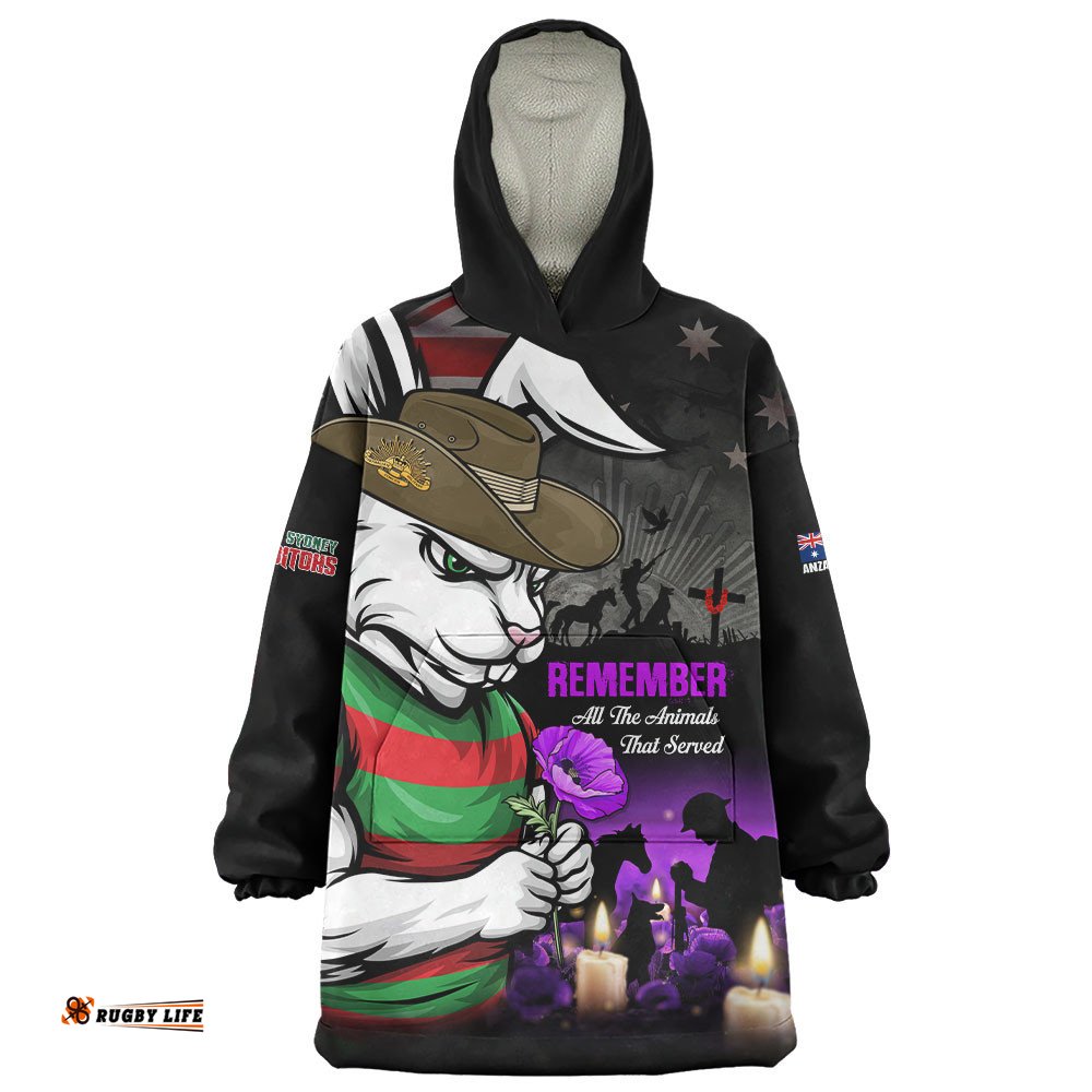 RugbyLife South Sydney Rabbitohs Snug Hoodie Anzac Day Purple Poppy And Animals That Served