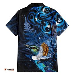 Aotearoa Matariki Hawaiian Shirt Maori Tribal with Silver Fern and Tui Bird Galaxy Style LT03