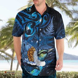 Aotearoa Matariki Hawaiian Shirt Maori Tribal with Silver Fern and Tui Bird Galaxy Style LT03