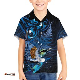 Aotearoa Matariki Hawaiian Shirt Maori Tribal with Silver Fern and Tui Bird Galaxy Style LT03