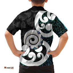 Aotearoa Koru Hawaiian Shirt Cyan Maori Paua Shell Mix Silver Fern LT14