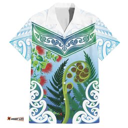 Aotearoa New Zealand Natural Plants Hawaiian Shirt Pohutukawa with Silver Ferns Koru Frond Maori Tattoos LT03