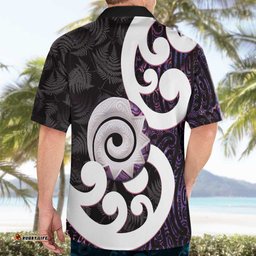 Aotearoa Koru Hawaiian Shirt Purple Maori Paua Shell Mix Silver Fern LT14