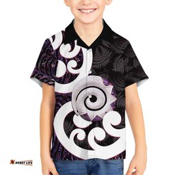 Aotearoa Koru Hawaiian Shirt Purple Maori Paua Shell Mix Silver Fern LT14