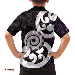 Aotearoa Koru Hawaiian Shirt Purple Maori Paua Shell Mix Silver Fern LT14