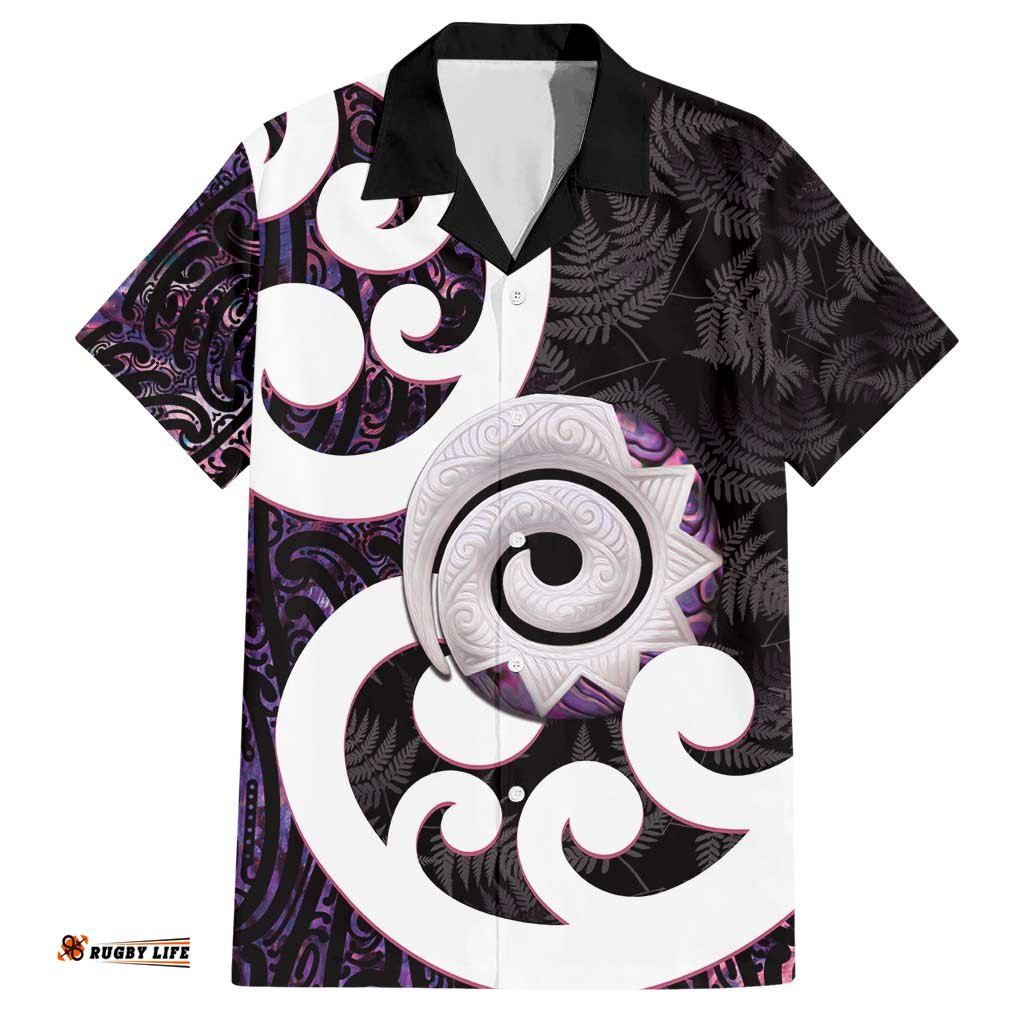 Aotearoa Koru Hawaiian Shirt Purple Maori Paua Shell Mix Silver Fern LT14