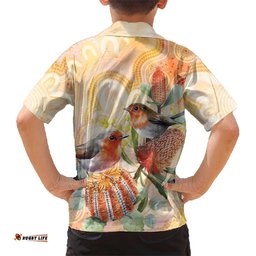 Australia Flame Robin Hawaiian Shirt Petroica Phoenicea Banksia Indigenous Art LT14