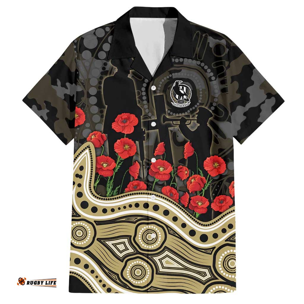 Collingwood Magpies ANZAC Day Hawaiian Shirt Indigenous Dot Art with Poppy Flower Tribute TS04