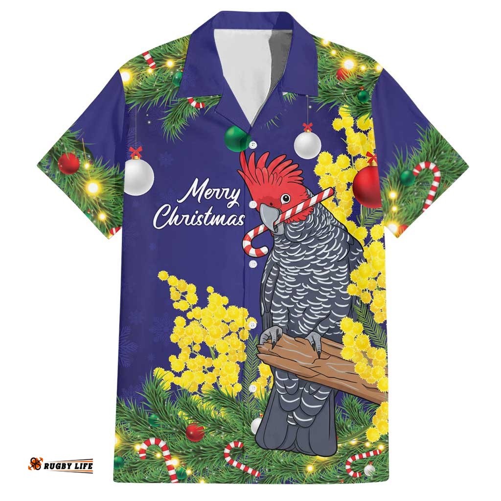 Australia Gang-gang Cockatoo Christmas Hawaiian Shirt Callocephalon Fimbriatum Golden Wattle Blue LT14