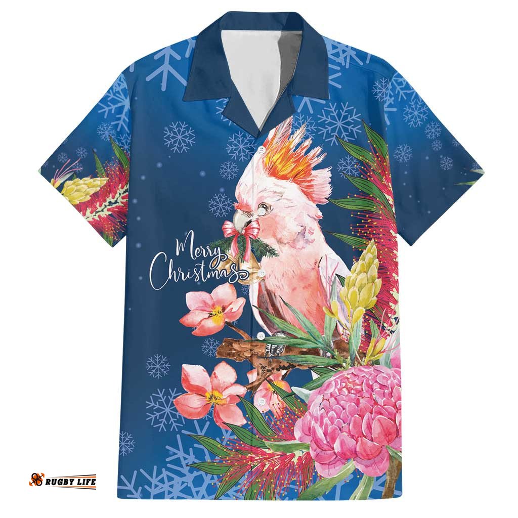 Australia Christmas Pink Cockatoo with Banksia Hawaiian Shirt Snowy Blue LT7