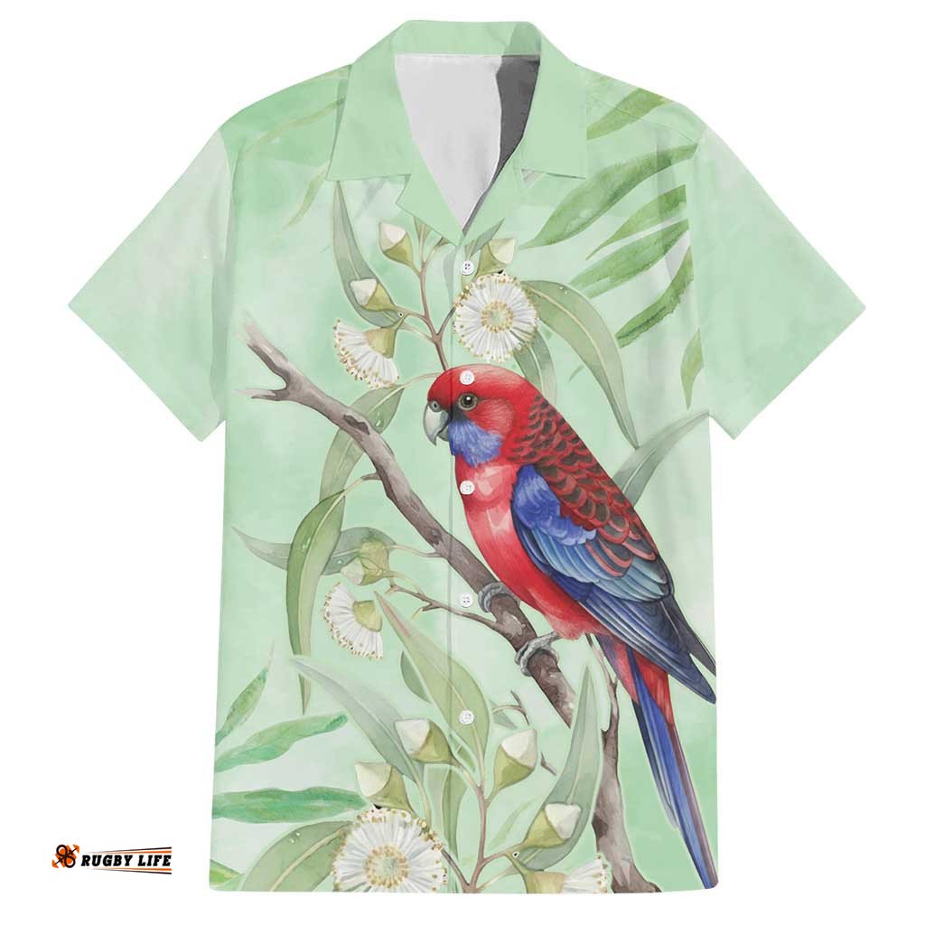 Australia Crimson Rosella Hawaiian Shirt Platycercus Elegans Eucalyptus Alba Watercolor LT14