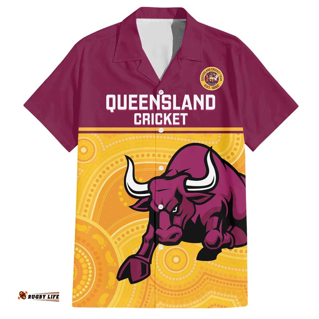 Custom Australia Queensland Cricket Hawaiian Shirt Go Bulls - Aboriginal Art LT14